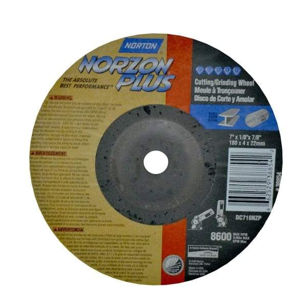 Norton - 7" Wheel Diam, 1/8" Wheel Thickness, 7/8" Arbor Hole, Type 27 Depressed Center Wheel - Ceramic, 8,600 Max RPM, Compatible with Angle Grinder - USA Tool & Supply