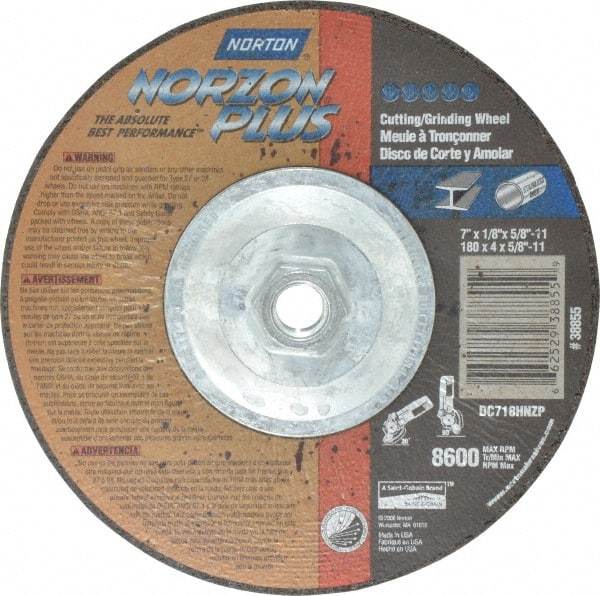 Norton - 7" Wheel Diam, 1/8" Wheel Thickness, Type 27 Depressed Center Wheel - Ceramic, 8,600 Max RPM, Compatible with Angle Grinder - USA Tool & Supply