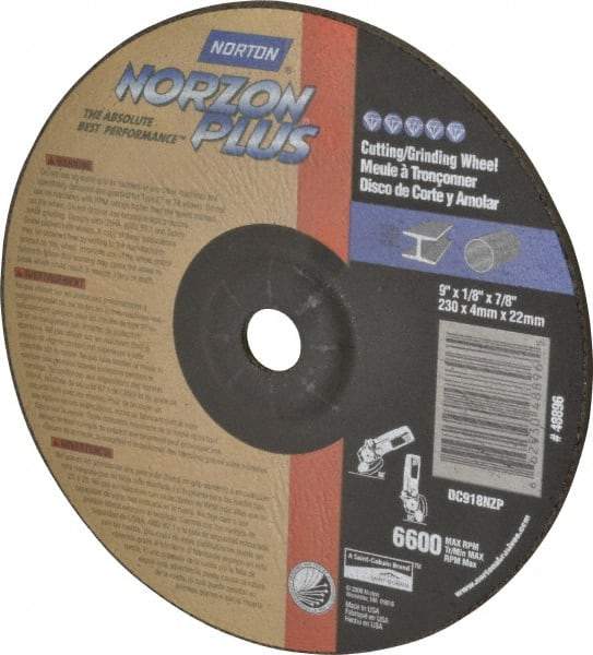 Norton - 9" Wheel Diam, 1/8" Wheel Thickness, 7/8" Arbor Hole, Type 27 Depressed Center Wheel - Ceramic, 6,600 Max RPM, Compatible with Angle Grinder - USA Tool & Supply