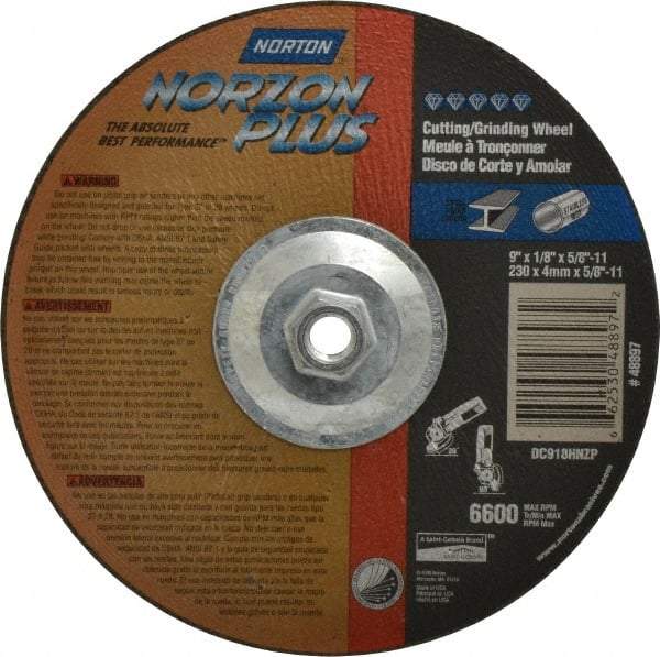 Norton - 9" Wheel Diam, 1/8" Wheel Thickness, Type 27 Depressed Center Wheel - Ceramic, 6,600 Max RPM, Compatible with Angle Grinder - USA Tool & Supply