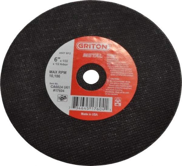 Made in USA - 6" 60 Grit Aluminum Oxide Cutoff Wheel - 1/32" Thick, 1/2" Arbor, 10,186 Max RPM, Use with Circular Saws - USA Tool & Supply