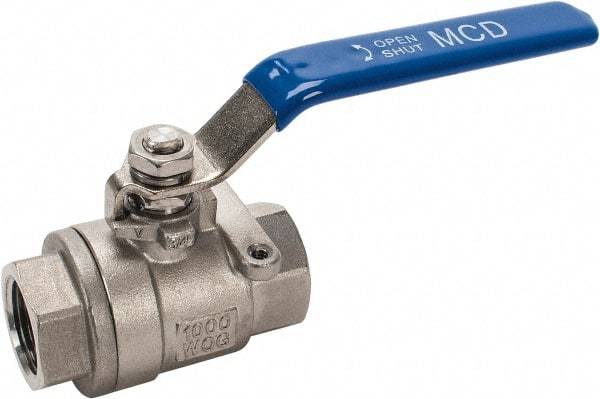 Midwest Control - 3/4" Pipe, Stainless Steel Standard Ball Valve - 2 Piece, Inline - One Way Flow, FNPT x FNPT Ends, Lever Handle, 1,000 WOG, 150 WSP - USA Tool & Supply