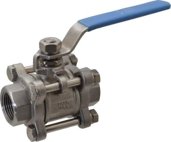 Midwest Control - 3/4" Pipe, Full Port, Stainless Steel Standard Ball Valve - 3 Piece, Inline - One Way Flow, FNPT x FNPT Ends, Lever Handle - USA Tool & Supply