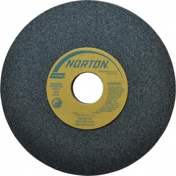 Norton - 7" Diam x 1-1/4" Hole x 1/2" Thick, I Hardness, 60 Grit Surface Grinding Wheel - Silicon Carbide, Type 1, Medium Grade, 3,600 Max RPM, Vitrified Bond, No Recess - USA Tool & Supply