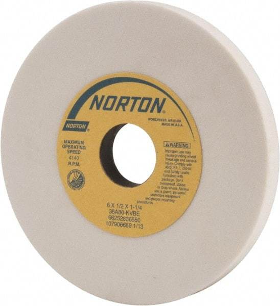 Norton - 6" Diam x 1-1/4" Hole x 1/2" Thick, K Hardness, 80 Grit Surface Grinding Wheel - Aluminum Oxide, Type 1, Medium Grade, 4,140 Max RPM, Vitrified Bond, No Recess - USA Tool & Supply