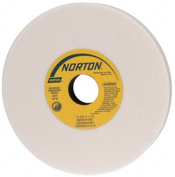 Norton - 7" Diam x 1-1/4" Hole x 3/4" Thick, K Hardness, 60 Grit Surface Grinding Wheel - Aluminum Oxide, Type 1, Medium Grade, 3,600 Max RPM, Vitrified Bond, No Recess - USA Tool & Supply