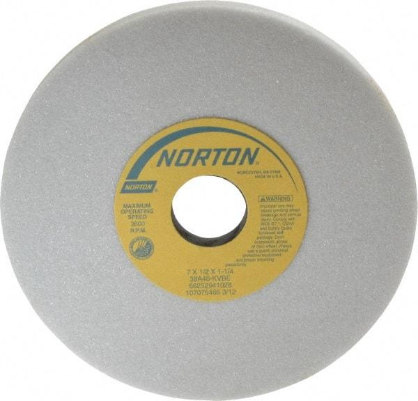 Norton - 7" Diam x 1-1/4" Hole x 1/2" Thick, K Hardness, 46 Grit Surface Grinding Wheel - Aluminum Oxide, Type 1, Coarse Grade, 3,600 Max RPM, Vitrified Bond, No Recess - USA Tool & Supply