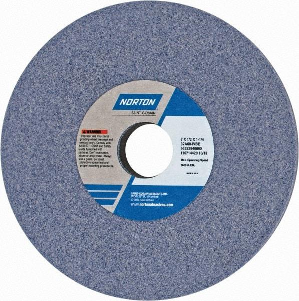 Norton - 7" Diam x 1-1/4" Hole x 1/2" Thick, I Hardness, 60 Grit Surface Grinding Wheel - Aluminum Oxide, Type 1, Medium Grade, 3,600 Max RPM, Vitrified Bond, No Recess - USA Tool & Supply