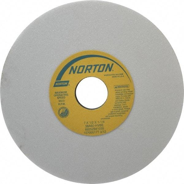 Norton - 7" Diam x 1-1/4" Hole x 1/2" Thick, H Hardness, 60 Grit Surface Grinding Wheel - Aluminum Oxide, Type 1, Medium Grade, 3,600 Max RPM, Vitrified Bond, No Recess - USA Tool & Supply