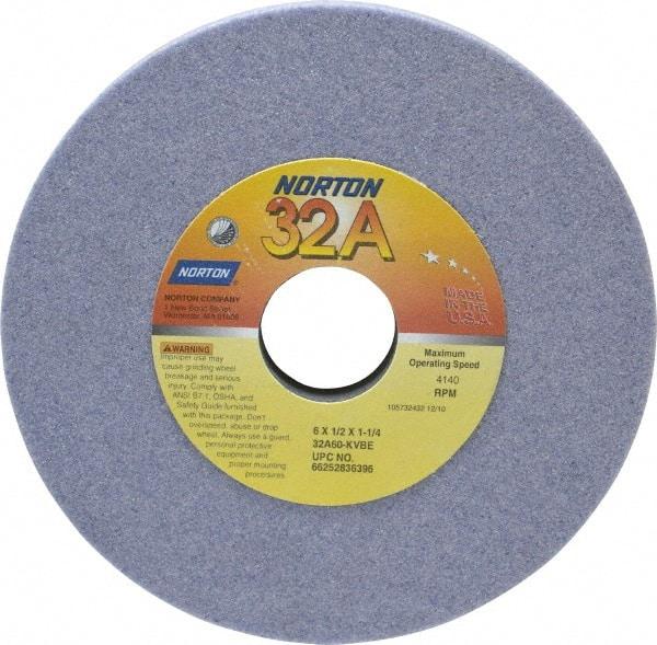 Norton - 6" Diam x 1-1/4" Hole x 1/2" Thick, K Hardness, 60 Grit Surface Grinding Wheel - Aluminum Oxide, Type 1, Medium Grade, 4,140 Max RPM, Vitrified Bond, No Recess - USA Tool & Supply