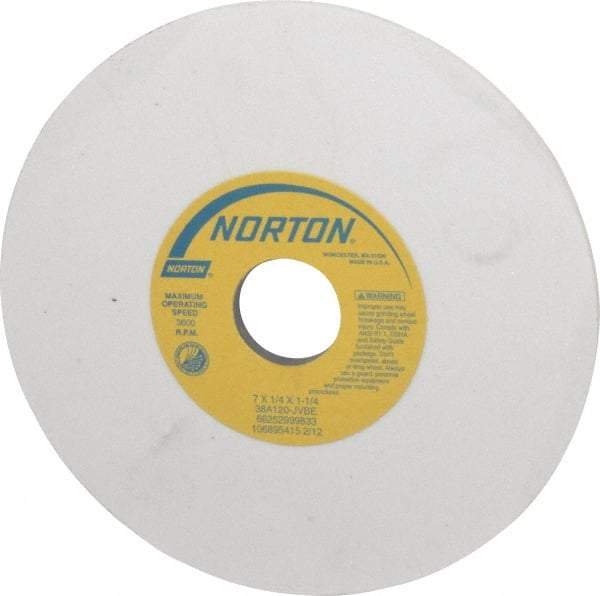 Norton - 7" Diam x 1-1/4" Hole x 1/4" Thick, J Hardness, 120 Grit Surface Grinding Wheel - Aluminum Oxide, Type 1, Fine Grade, 3,600 Max RPM, Vitrified Bond, No Recess - USA Tool & Supply