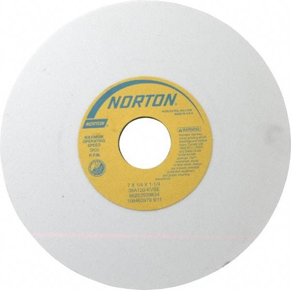 Norton - 7" Diam x 1-1/4" Hole x 1/4" Thick, K Hardness, 120 Grit Surface Grinding Wheel - Aluminum Oxide, Type 1, Fine Grade, 3,600 Max RPM, Vitrified Bond, No Recess - USA Tool & Supply