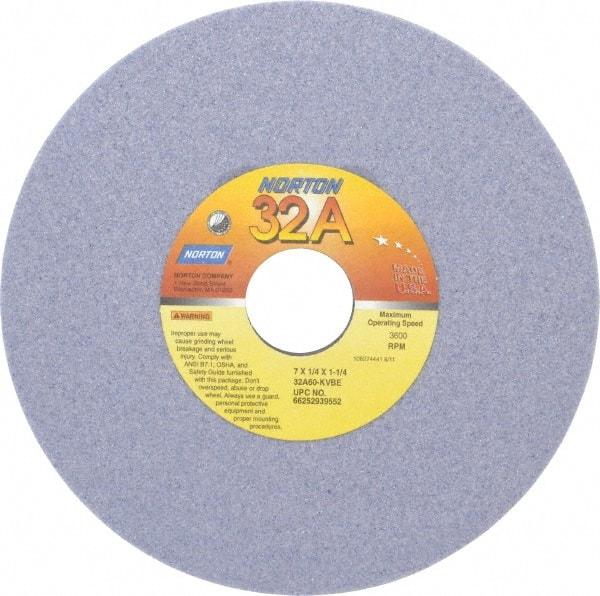 Norton - 7" Diam x 1-1/4" Hole x 1/4" Thick, K Hardness, 60 Grit Surface Grinding Wheel - Aluminum Oxide, Type 1, Medium Grade, 3,600 Max RPM, Vitrified Bond, No Recess - USA Tool & Supply