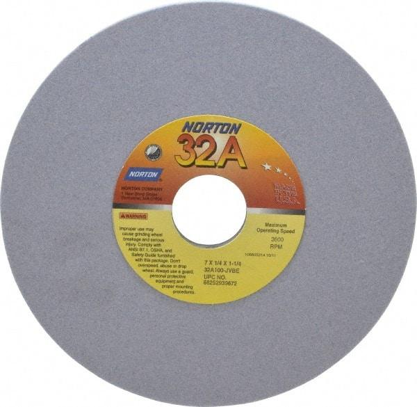 Norton - 7" Diam x 1-1/4" Hole x 1/4" Thick, J Hardness, 100 Grit Surface Grinding Wheel - Aluminum Oxide, Type 1, Fine Grade, 3,600 Max RPM, Vitrified Bond, No Recess - USA Tool & Supply