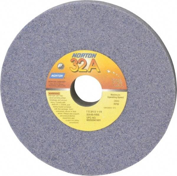 Norton - 7" Diam x 1-1/4" Hole x 3/4" Thick, I Hardness, 46 Grit Surface Grinding Wheel - Aluminum Oxide, Type 1, Coarse Grade, 3,600 Max RPM, Vitrified Bond, No Recess - USA Tool & Supply