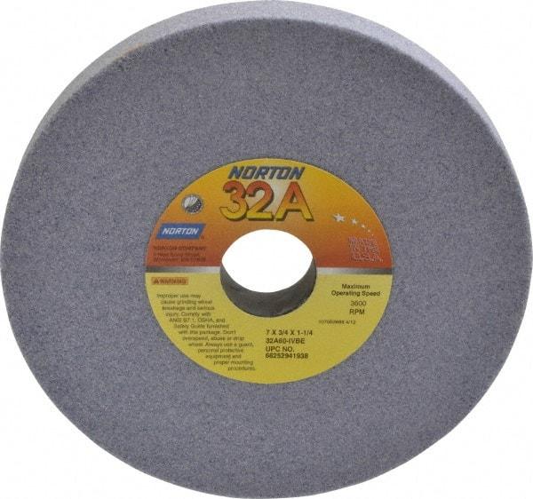 Norton - 7" Diam x 1-1/4" Hole x 3/4" Thick, I Hardness, 60 Grit Surface Grinding Wheel - Aluminum Oxide, Type 1, Medium Grade, 3,600 Max RPM, Vitrified Bond, No Recess - USA Tool & Supply