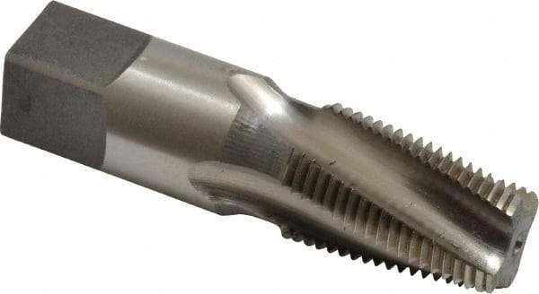 Reiff & Nestor - 3/8-18 NPTF, 15° Helix, 4 Flutes, Bright Finish, High Speed Steel, Spiral Flute Pipe Tap - Right Hand Flute, 0.7" Shank Diam, 1-1/16" Thread Length, 0.4540" Projection, 1/2" Square Size, Series 120DSS - USA Tool & Supply
