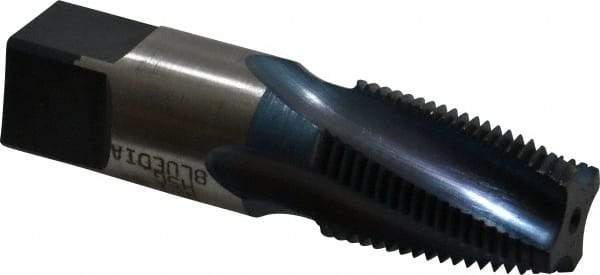 Reiff & Nestor - 3/8-18 NPT, 15° Helix, 4 Flutes, Blue Diamond Finish, High Speed Steel, Spiral Flute Pipe Tap - Right Hand Flute, 0.7" Shank Diam, 1-1/16" Thread Length, 0.4540" Projection, 1/2" Square Size, Series 120GS - Exact Industrial Supply