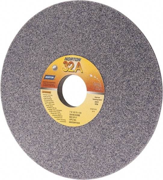 Norton - 7" Diam, 1-1/4" Hole Size, 1/2" Overall Thickness, 46 Grit, Type 12 Tool & Cutter Grinding Wheel - Coarse Grade, Aluminum Oxide, K Hardness, Vitrified Bond, 3,600 RPM - USA Tool & Supply