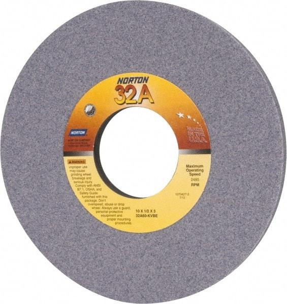 Norton - 10" Diam x 3" Hole x 1/2" Thick, K Hardness, 60 Grit Surface Grinding Wheel - Aluminum Oxide, Type 1, Medium Grade, 2,485 Max RPM, Vitrified Bond, No Recess - USA Tool & Supply