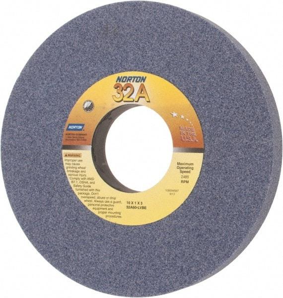 Norton - 10" Diam x 3" Hole x 1" Thick, L Hardness, 60 Grit Surface Grinding Wheel - Aluminum Oxide, Type 1, Medium Grade, 2,485 Max RPM, Vitrified Bond, No Recess - USA Tool & Supply
