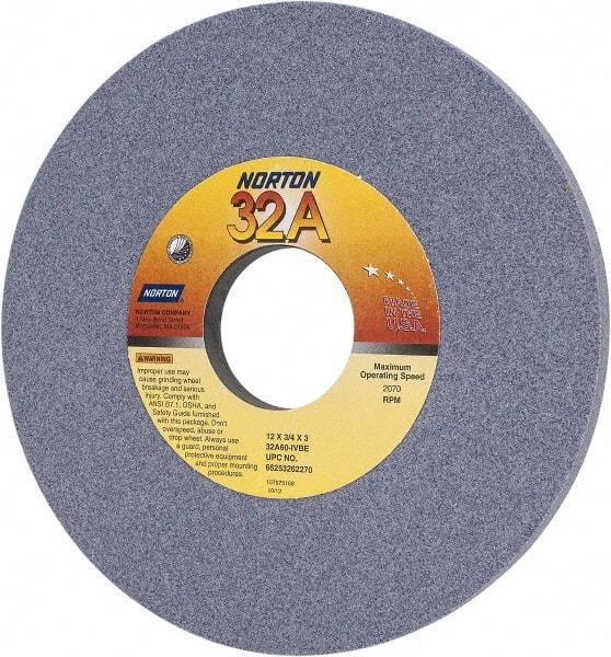 Norton - 12" Diam x 3" Hole x 3/4" Thick, I Hardness, 60 Grit Surface Grinding Wheel - Aluminum Oxide, Type 1, Medium Grade, 2,070 Max RPM, Vitrified Bond, No Recess - USA Tool & Supply