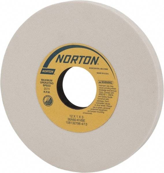 Norton - 12" Diam x 3" Hole x 1" Thick, K Hardness, 60 Grit Surface Grinding Wheel - Aluminum Oxide, Type 1, Medium Grade, 2,070 Max RPM, Vitrified Bond, No Recess - USA Tool & Supply