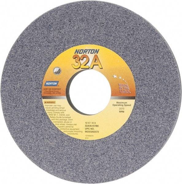 Norton - 12" Diam x 3" Hole x 1" Thick, K Hardness, 46 Grit Surface Grinding Wheel - Aluminum Oxide, Type 1, Coarse Grade, 2,070 Max RPM, Vitrified Bond, No Recess - USA Tool & Supply
