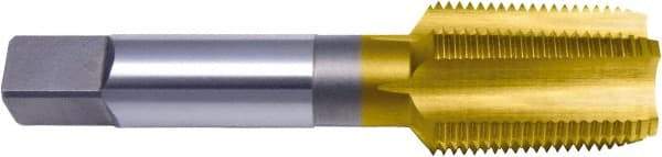 Made in USA - 1/4-18 NPTF, 4 Flute, Taper Chamfer, TiN Finish, High Speed Steel, Extension Pipe Tap - 3-1/2" OAL, 0.48" Shank Diam, 1-1/16" Thread Length, 0.421" Square Size, 5/16" Square Length, Regular Hook, Series TN3180-E - Exact Industrial Supply