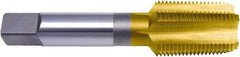 Made in USA - 1/4-18 NPTF, 4 Flute, Taper Chamfer, TiN Finish, High Speed Steel, Extension Pipe Tap - 3-1/2" OAL, 0.48" Shank Diam, 1-1/16" Thread Length, 0.421" Square Size, 5/16" Square Length, Regular Hook, Series TN3180-E - Exact Industrial Supply