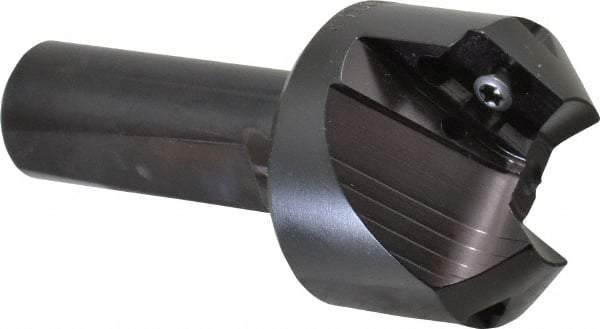 Kyocera - 45° Lead Angle, 1.65" Max Cut Diam, 0.8" Min Cut Diam, 0.44" Max Depth of Cut, Indexable Chamfer and Angle End Mill - 2 Inserts, APET 1604 Insert Style, 3-1/4" Overall Length, Straight Shank, 90° Included Angle - USA Tool & Supply