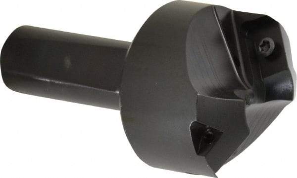 Kyocera - 60° Lead Angle, 1.85" Max Cut Diam, 0.8" Min Cut Diam, 0.308" Max Depth of Cut, Indexable Chamfer and Angle End Mill - 2 Inserts, APET 1604 Insert Style, 3-1/4" Overall Length, Straight Shank, 120° Included Angle - USA Tool & Supply