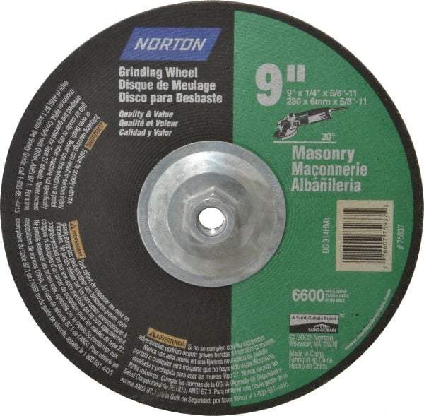 Norton - 24 Grit, 9" Wheel Diam, 1/4" Wheel Thickness, Type 27 Depressed Center Wheel - Silicon Carbide, 6,600 Max RPM, Compatible with Angle Grinder - USA Tool & Supply