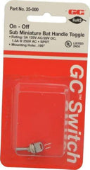 GC/Waldom - SPST Sub Miniature On-Off Toggle Switch - Solder Lug Terminal, Bat Handle Actuator, 125 VAC at 3 A & 250 VAC at 1.50 A - USA Tool & Supply