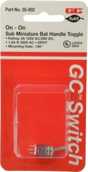 GC/Waldom - DPDT Sub Miniature On-On Toggle Switch - Solder Lug Terminal, Bat Handle Actuator, 125 VAC at 3 A & 250 VAC at 1.50 A - USA Tool & Supply