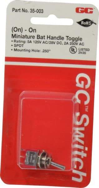 GC/Waldom - SPDT Miniature On-On Toggle Switch - Solder Lug Terminal, Bat Handle Actuator, 125 VAC at 5 A & 250 VAC at 2 A - USA Tool & Supply