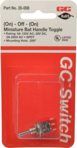 GC/Waldom - SPDT Miniature On-Off-On Toggle Switch - Solder Lug Terminal, Bat Handle Actuator, 125 VAC at 5 A & 250 VAC at 2 A - USA Tool & Supply