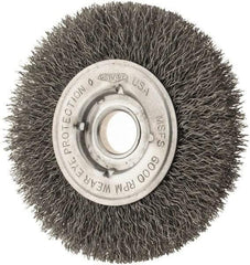 Osborn - 4" OD, 1/2 & 5/8" Arbor Hole, Crimped Steel Wheel Brush - 5/8" Face Width, 13/16" Trim Length, 0.0104" Filament Diam, 6,000 RPM - USA Tool & Supply