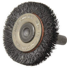 Osborn - 1-1/2" OD, 1/4" Shank Diam, Crimped Steel Wheel Brush - 3/8" Face Width, 9/32" Trim Length, 0.008" Filament Diam, 25,000 RPM - USA Tool & Supply