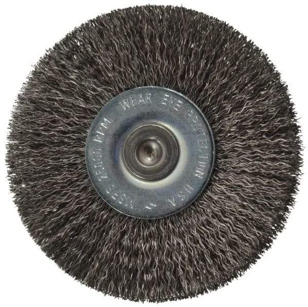 Osborn - 2-1/2" OD, 1/4" Shank Diam, Crimped Steel Wheel Brush - 7/16" Face Width, 11/16" Trim Length, 0.008" Filament Diam, 25,000 RPM - USA Tool & Supply