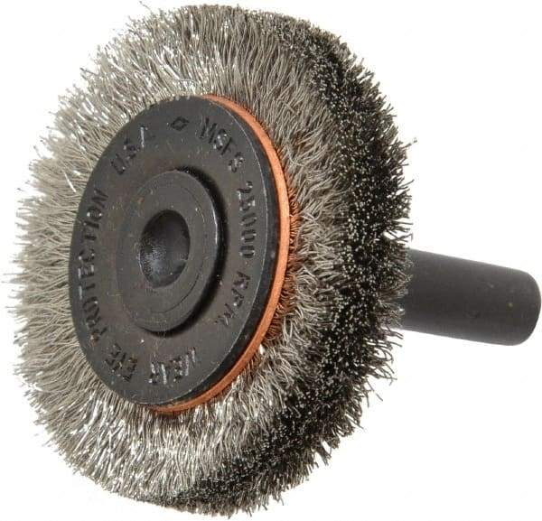 Osborn - 1-1/2" OD, 1/4" Shank Diam, Crimped Stainless Steel Wheel Brush - 3/8" Face Width, 9/32" Trim Length, 0.006" Filament Diam, 25,000 RPM - USA Tool & Supply