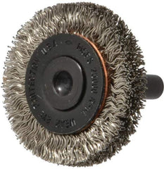 Osborn - 1-1/2" OD, 1/4" Shank Diam, Crimped Stainless Steel Wheel Brush - 3/8" Face Width, 9/32" Trim Length, 0.012" Filament Diam, 25,000 RPM - USA Tool & Supply