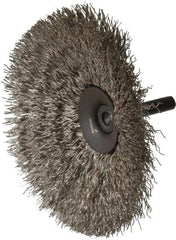 Osborn - 4" OD, 1/4" Shank Diam, Crimped Stainless Steel Wheel Brush - 1/2" Face Width, 1-7/16" Trim Length, 0.014" Filament Diam, 15,000 RPM - USA Tool & Supply