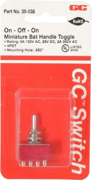 GC/Waldom - 4PDT Miniature On-Off-On Toggle Switch - Solder Lug Terminal, Bat Handle Actuator, 125 VAC at 5 A & 250 VAC at 2 A - USA Tool & Supply