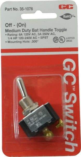 GC/Waldom - SPST Medium Duty Off-On Toggle Switch - Screw Terminal, Bat Handle Actuator, 1/4 hp at 125/250 VAC hp, 125 VAC at 6 A & 250 VAC at 3 A - USA Tool & Supply