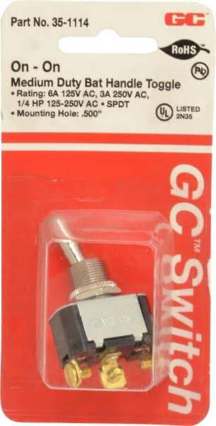 GC/Waldom - SPDT Medium Duty On-On Toggle Switch - Screw Terminal, Bat Handle Actuator, 1/4 hp at 125/250 VAC hp, 125 VAC at 6 A & 250 VAC at 3 A - USA Tool & Supply