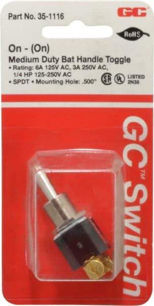 GC/Waldom - SPDT Medium Duty On-On Toggle Switch - Screw Terminal, Bat Handle Actuator, 1/4 hp at 125/250 VAC hp, 125 VAC at 6 A & 250 VAC at 3 A - USA Tool & Supply