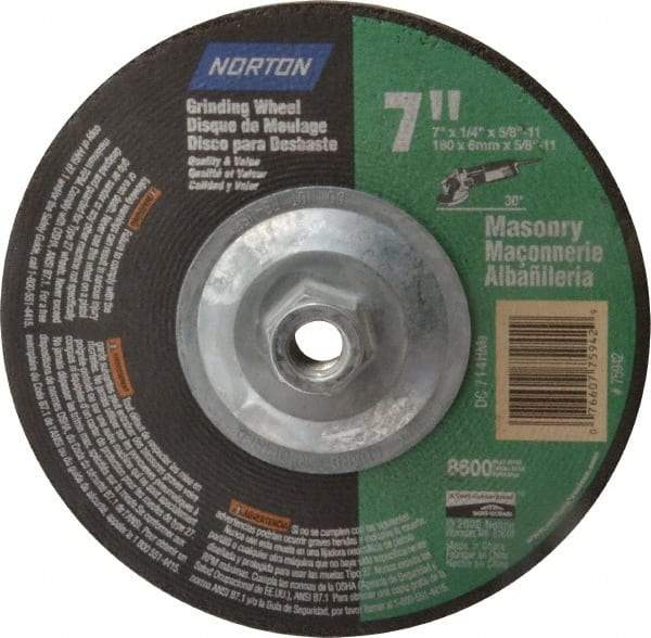 Norton - 24 Grit, 7" Wheel Diam, 1/4" Wheel Thickness, Type 27 Depressed Center Wheel - Silicon Carbide, 8,600 Max RPM, Compatible with Angle Grinder - USA Tool & Supply