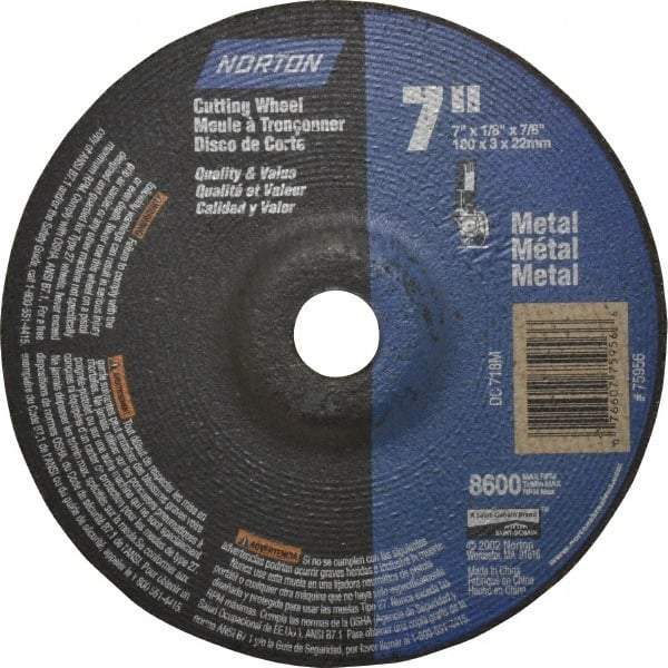 Norton - 60 Grit, 7" Wheel Diam, 1/8" Wheel Thickness, 7/8" Arbor Hole, Type 27 Depressed Center Wheel - Aluminum Oxide, 8,600 Max RPM, Compatible with Angle Grinder - USA Tool & Supply