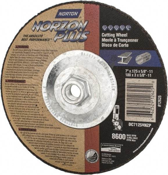 Norton - 7" Wheel Diam, 1/8" Wheel Thickness, Type 27 Depressed Center Wheel - Ceramic, 8,600 Max RPM, Compatible with Angle Grinder - USA Tool & Supply